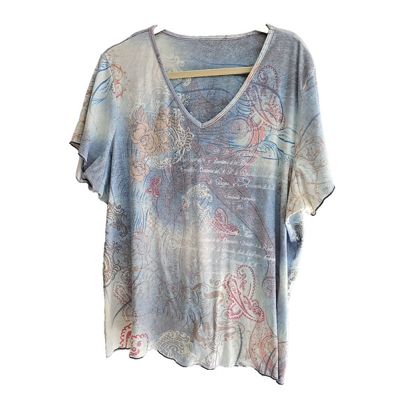 Blue Floral Paisley V-Neck Embellished Grunge Short Sleeve Top Womans Size 2X - Picture 1 of 5